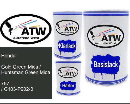 Honda, Gold Green Mica / Huntsman Green Mica, 757 / G103-P902-0: 500ml Lackdose + 500ml Klarlack + 250ml Härter - Set, von ATW Autoteile West.